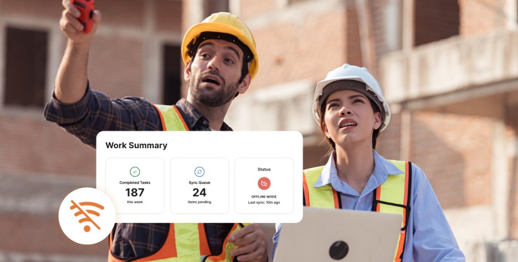Inspector completing checklist offline in low-connectivity environment; data syncs when back online