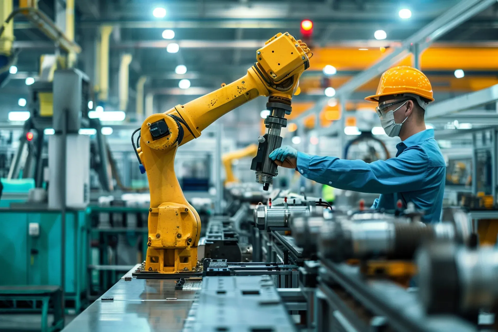 Worker in a hard hat operating factory machinery