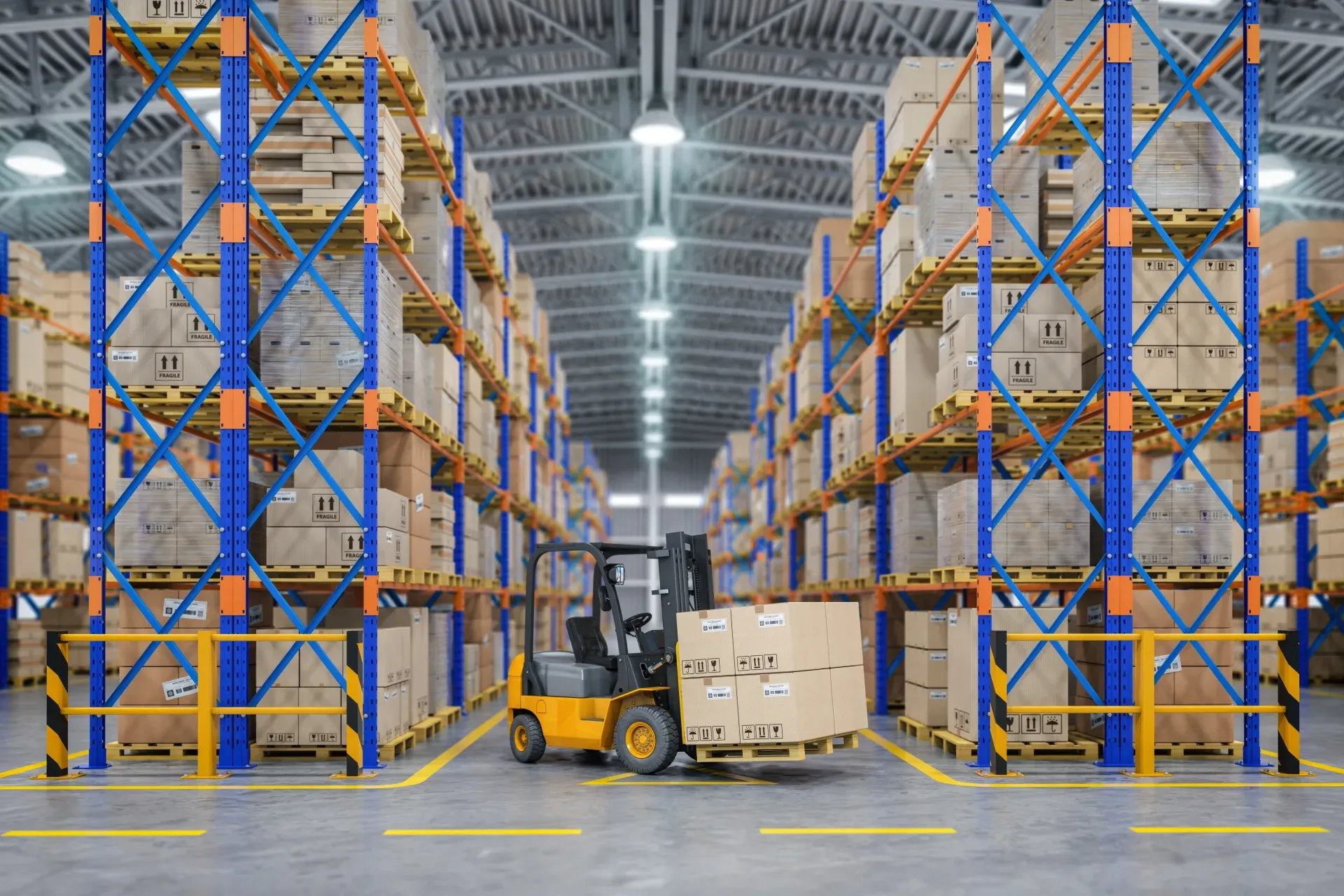 Forklift moving pallets inside a distribution warehouse