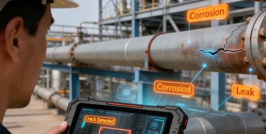 On-device AI analysing an inspection photo for defects and hazards