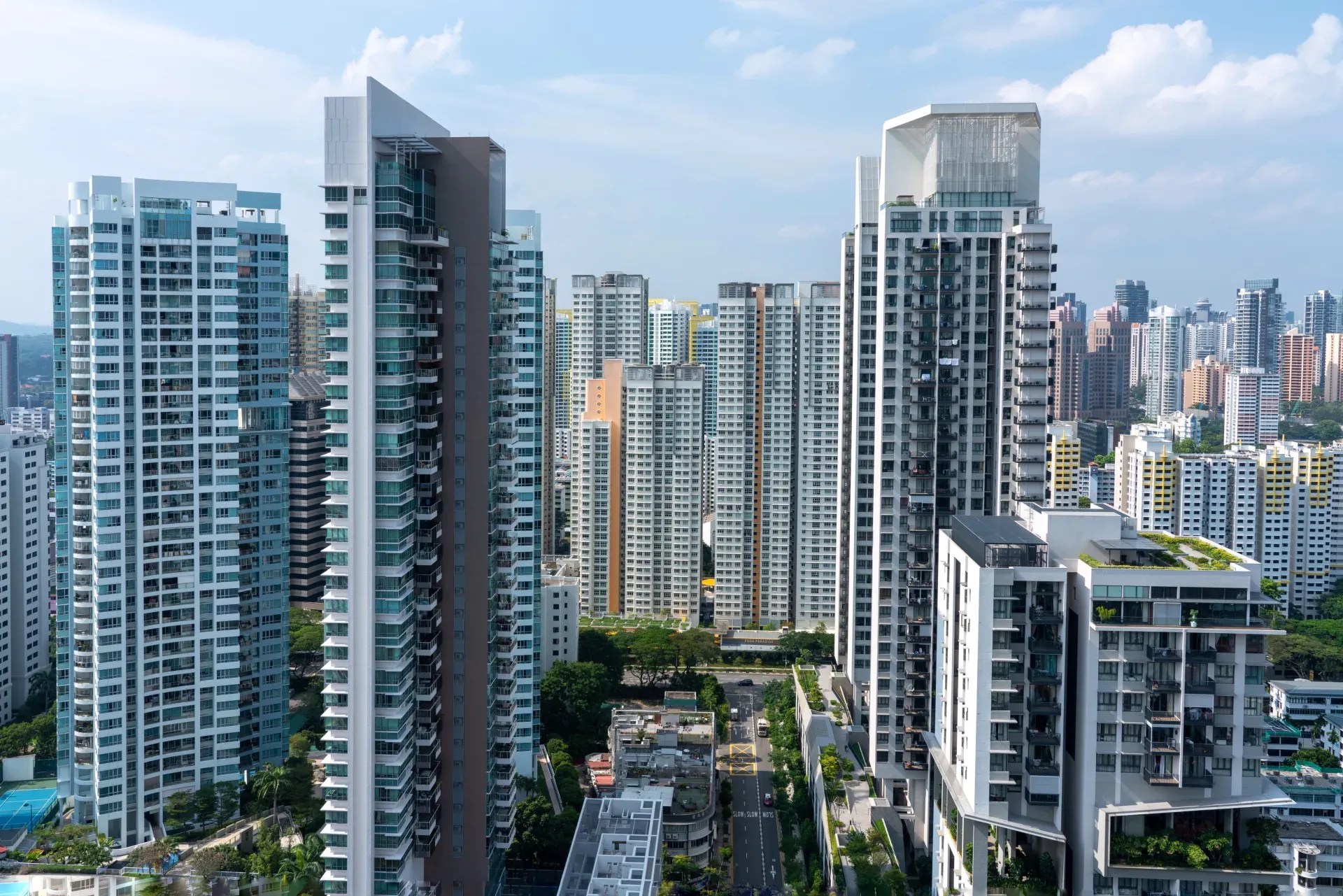 Aerial view of a city skyline with skyscrapers