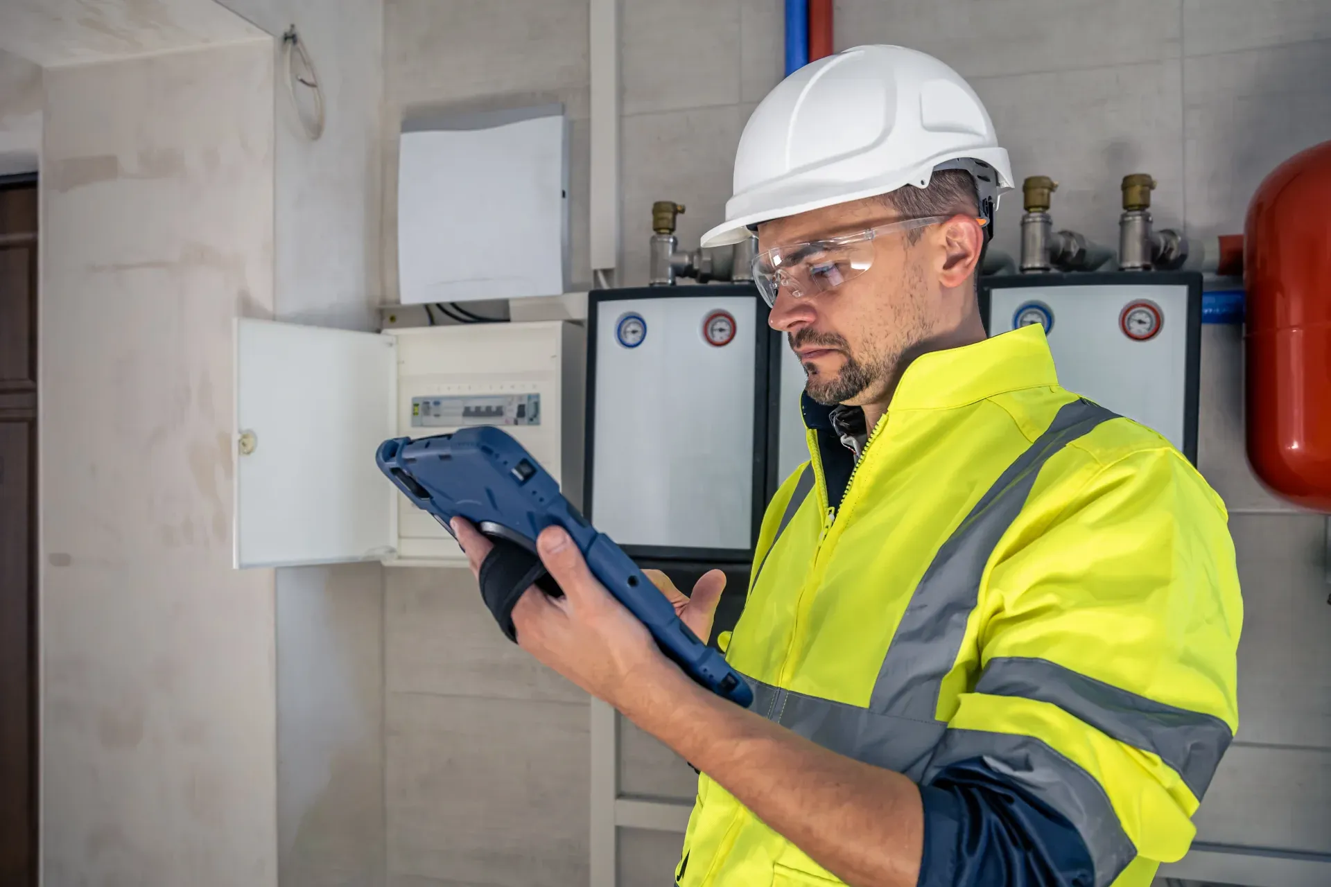 Electrical technician inspecting a switchboard with fuses
