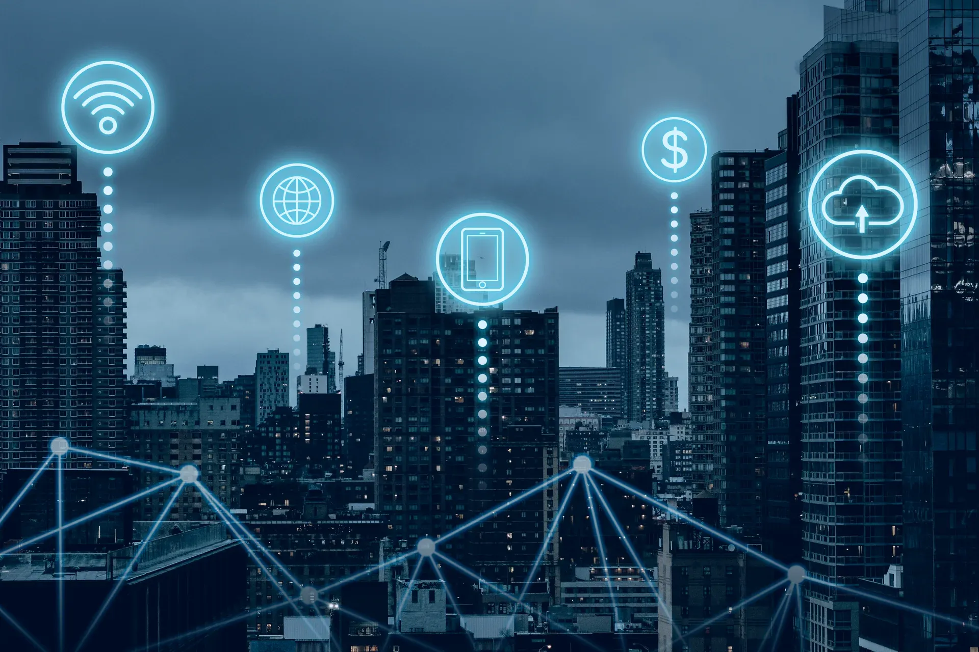 City skyline overlaid with 5G and network connectivity icons representing IT and telecom infrastructure